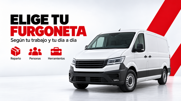 Ilustración panorámica de una furgoneta blanca con los usos de reparto, transporte de personas y herramientas.